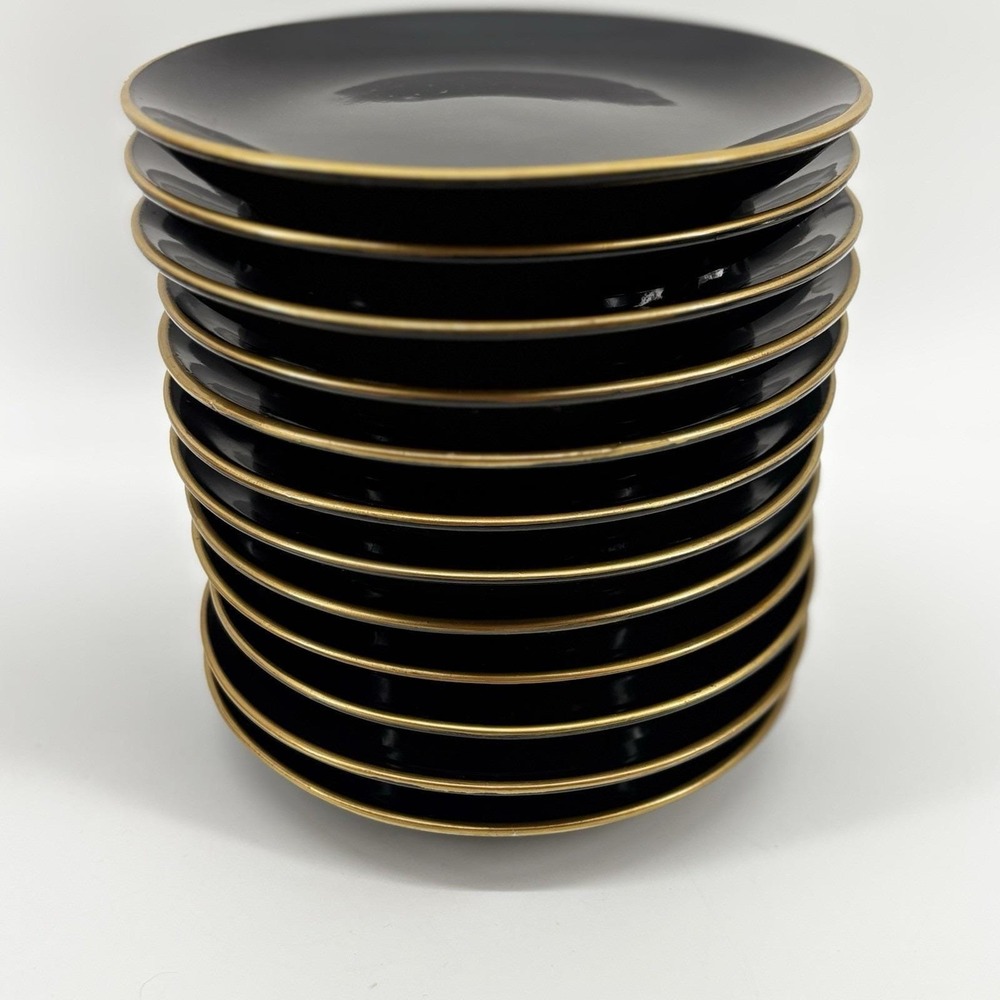 Vintage Japanese Lacquerware  6.5 Inch Plates Black  Gold Trim Set Of 12 Sushi